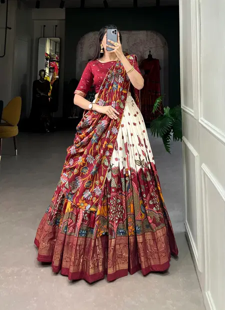 Maroon Colour Tasar Silk Kalamkari Print Lehenga Choli Musafir By Lnb1219